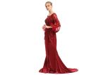 Ruched Red Ladies Evening Dresses , Balloon Long Sleeve Wedding Gown