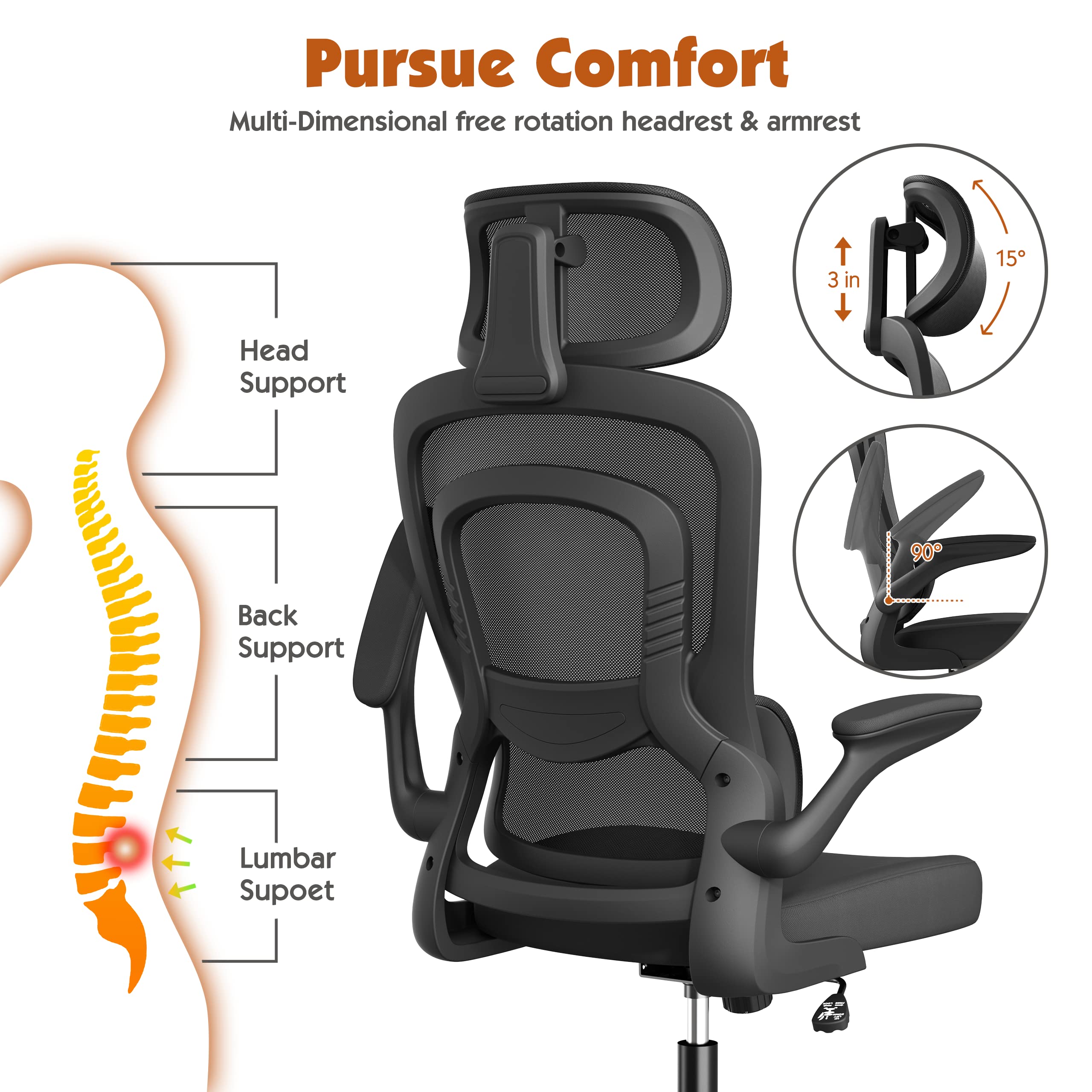 Modern Design Metal Ergonomic Mesh Office Chair with Lumbar Support and Flip-up Arms