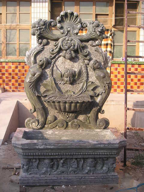 Pink Marble Fish Statue Columns Carved Stone Wall Fountain