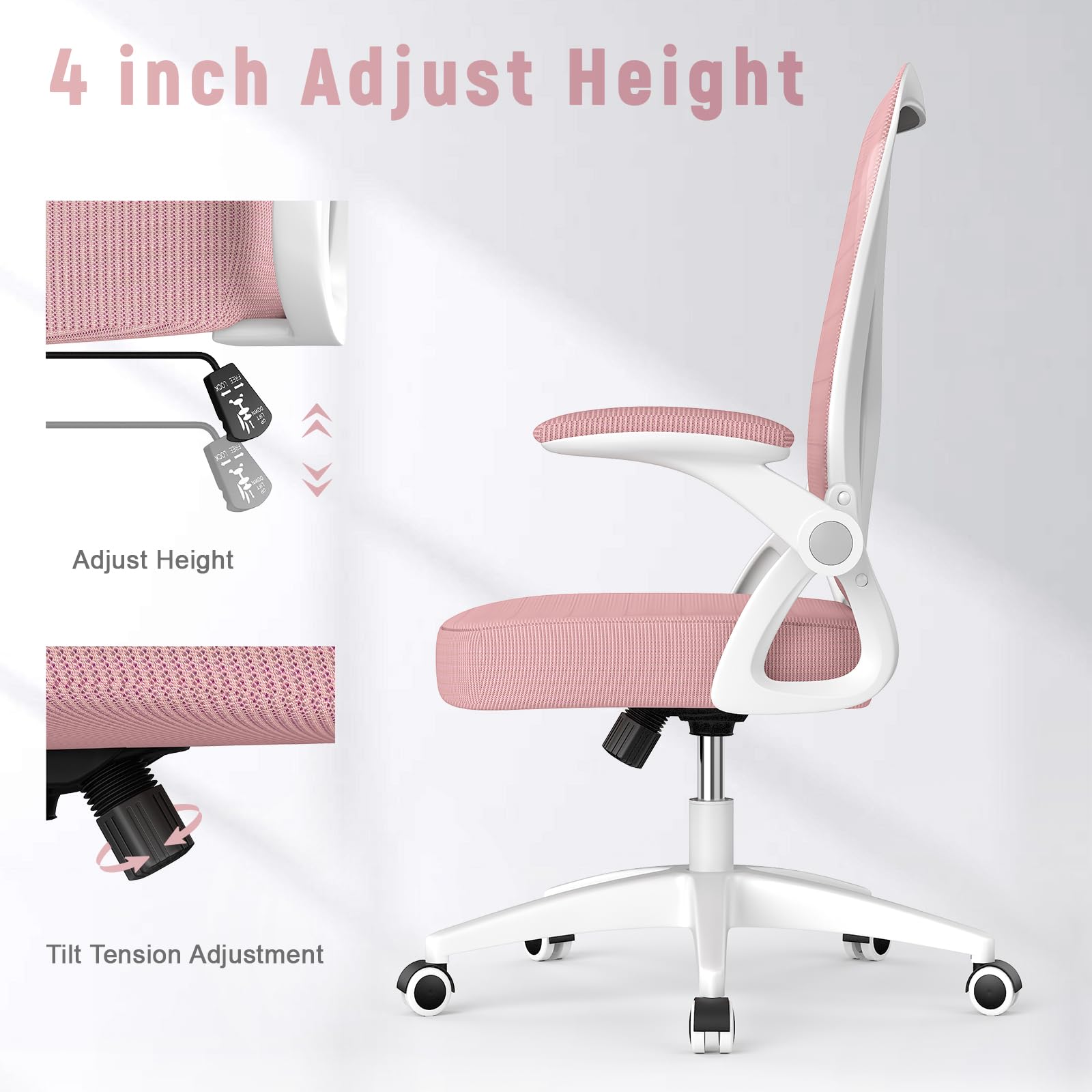 Adjustable Height Mesh Office Chair Swivel Chair with Flip-Up Arms and Lumbar Support