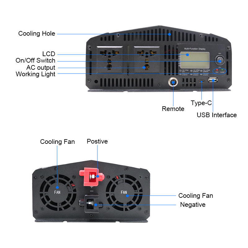 2kw 2000W Pure Sine Wave Charger Inverter High Voltage Cut Off Range 14.8V/31V