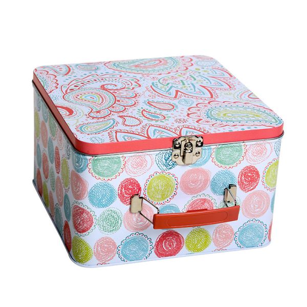 Factory Price Rectangle Shaped Suitcase Tin Box with Handle Custom Metal Lunch