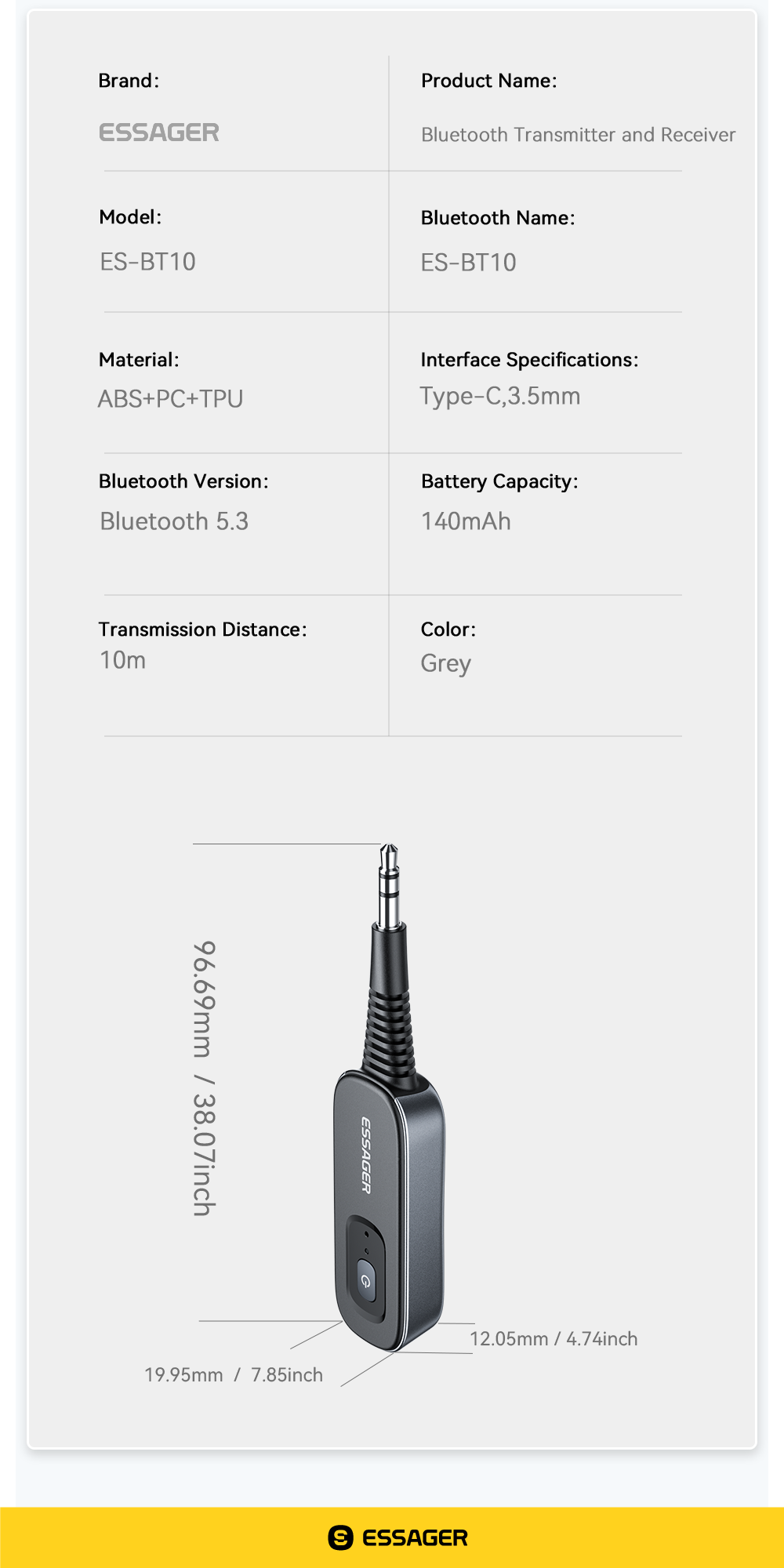 ESSAGER ES-BT10 Built in Battery Jack Aux 3.5mm to Bluetooth Transmitter Receiver