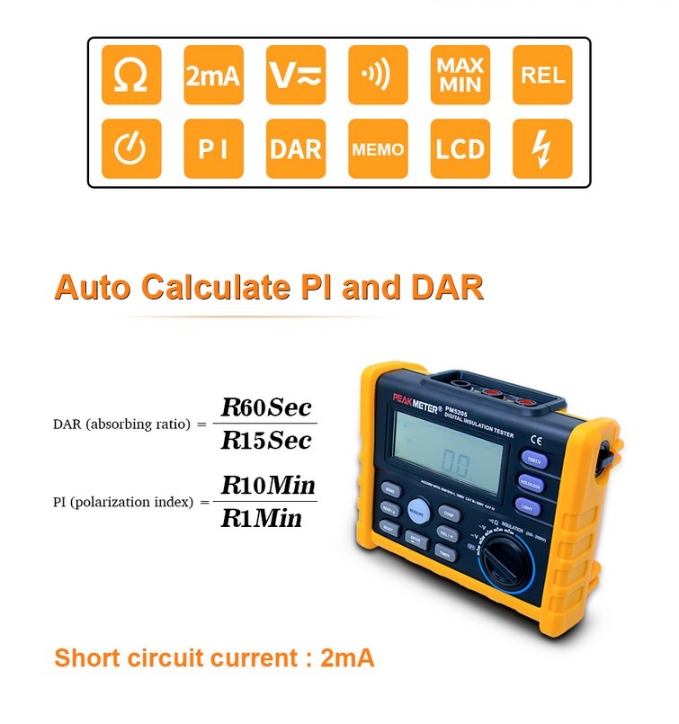 2500V Digital Insulation Resistance Tester Auto Power Off Auto Calculate PI And DAR