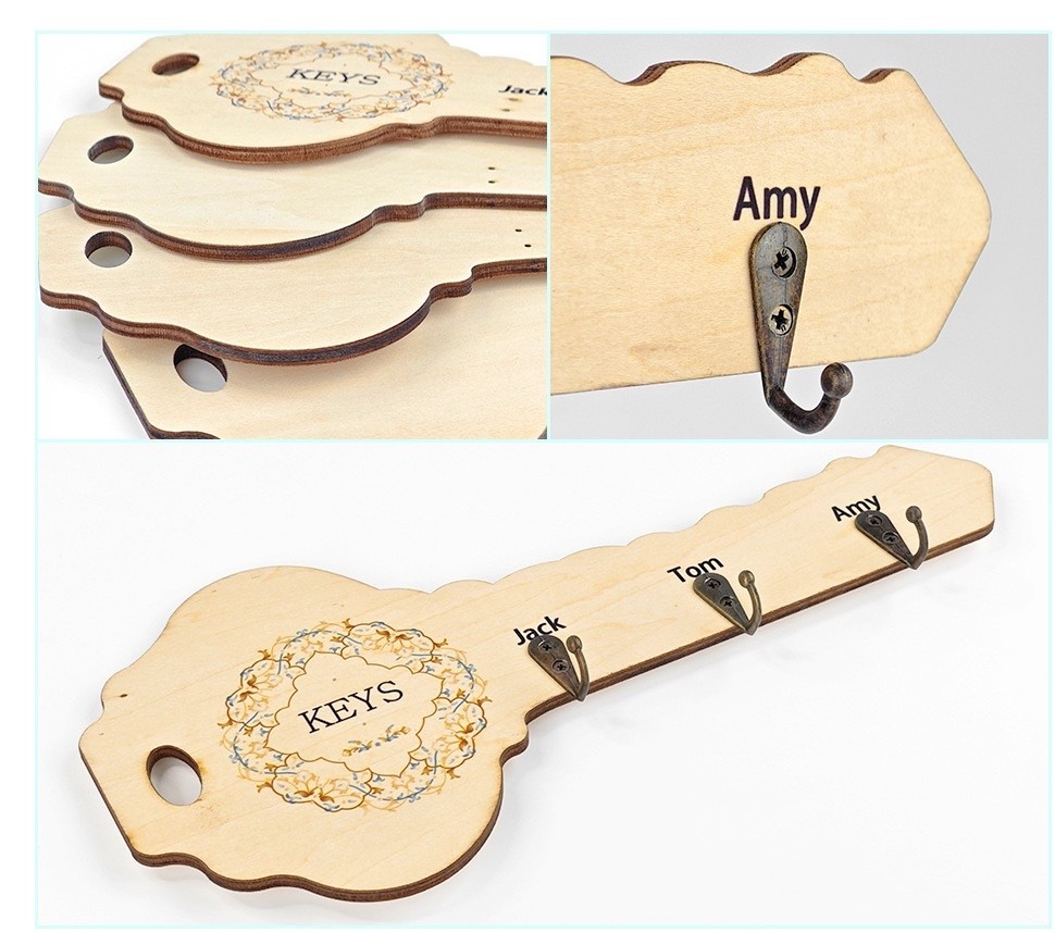 DIY Creative Sublimation Blank Wooden Key-Shaped Wall Hanging Holder With Hooks For Sublimation Photos Printing