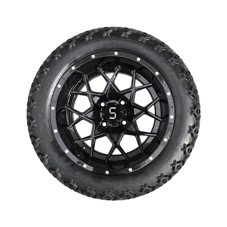 14'' Golf Cart Glossy Black Wheels And 22'' All Terrain Tires with Lug Nuts and Center Caps