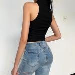Drawstring Straps Women Crop Top Lapel Sleeveless Three Color