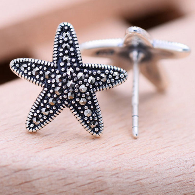 Starfish Design Thai 925 Silver Earrings Pave Marcastie Retro Women Jewelry（028249）