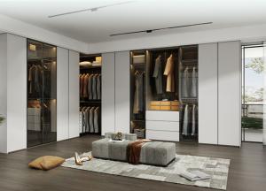 China Lacquer MDF Walk In Closet Wardrobe 2400mm Height White Door Black Cabinet factory