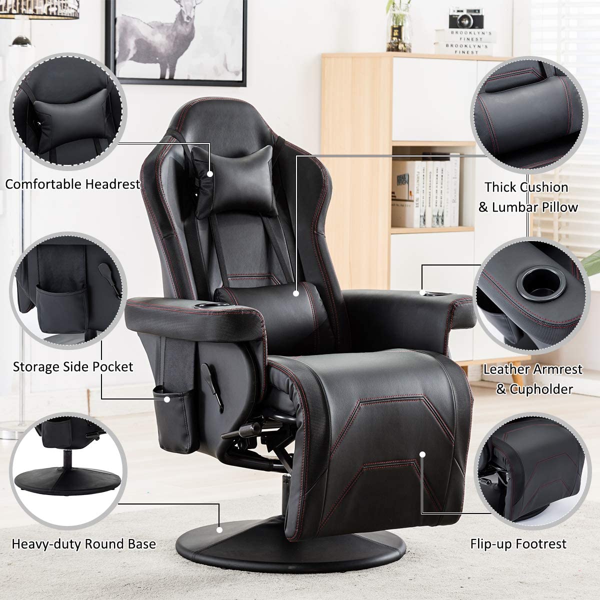 Office/Home/Apartment Gaming Chair with Cup Holder and Adjustable Backrest 90-135°