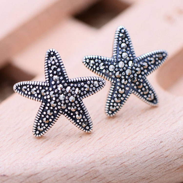 Starfish Design Thai 925 Silver Earrings Pave Marcastie Retro Women Jewelry（028249）