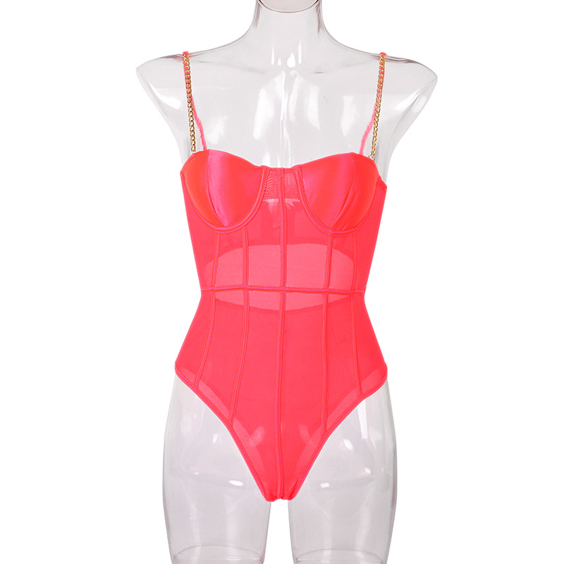 S-L Women Sexy Bodysuit Lingerie Metal Chain Sling Halter Mature Sexy Lace Bodysuit