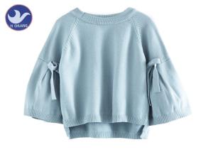 China Big Sleeves Loose Knit Girls Pullover Sweaters Butterfly Knot Light Blue Color factory