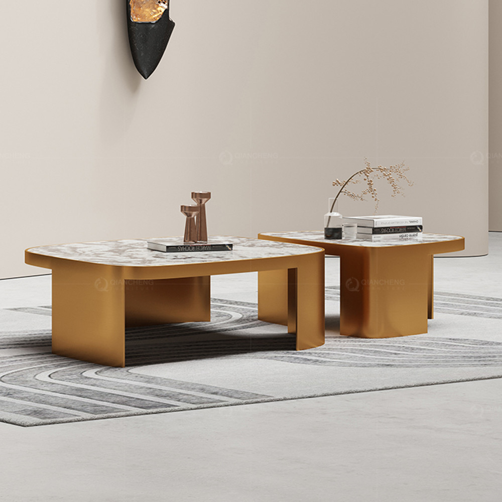 Gold Metal Marble Glass SS Coffee Table Brushed Champagne