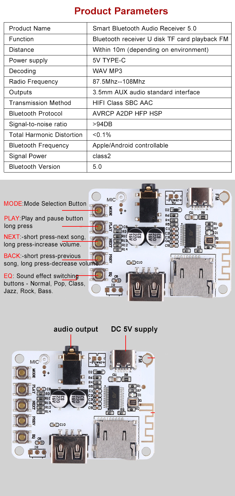2.0 Channels Private Mold DIY Bluetooth 5.0 Audio Player Decoder Module USB Receiver Board