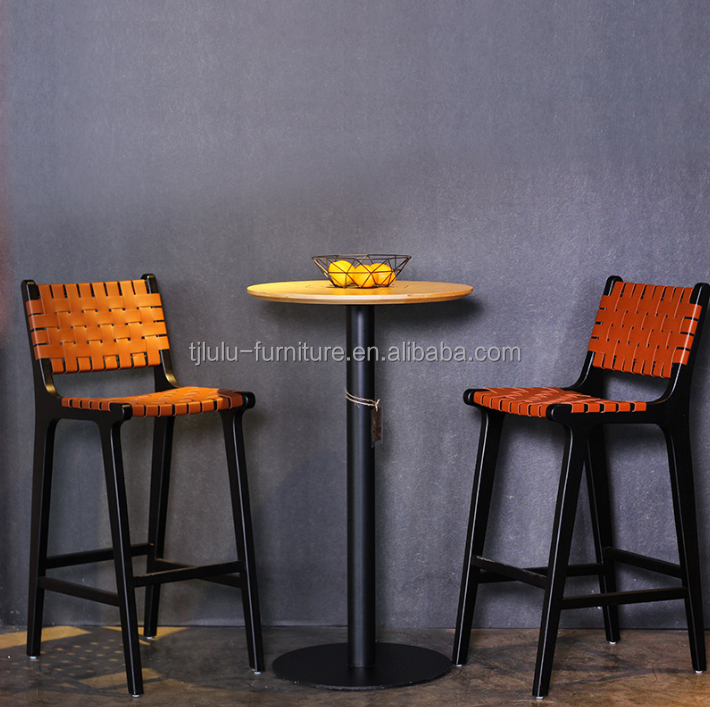 Modern Style High Solid Wood Bar Chair for Nordic Fashion Bistro Saddle Leather