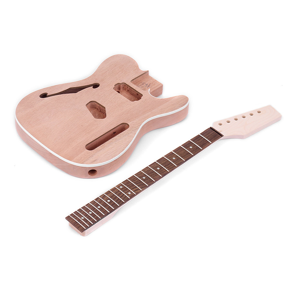 TL Tele Style Unfinished Electric Guitar DIY Kit Mahogany Body with F Soundhole Maple Wood Neck Rosewood Fingerboard