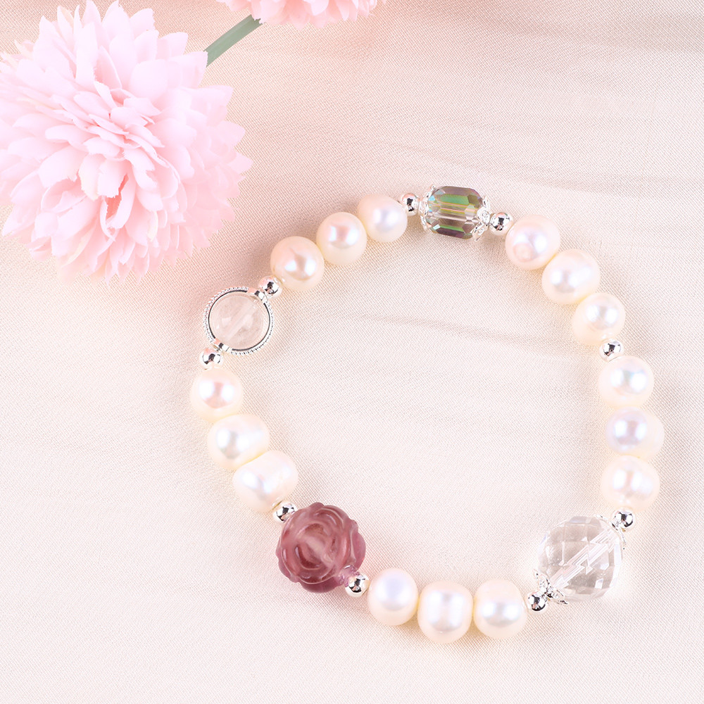 Natural Freshwater Pearl Bracelet Elastic With Purple Fluorite Rose Flower Carving