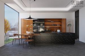 China Elegant Double Line Stainless Steel Kitchen Cabinets With Black Sintered Stone Island factory