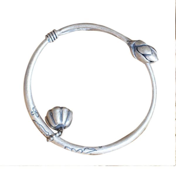 Sterling Silver Bangle Cuff Bracelet Engraved Water Lily Flower Vintage Jewelry