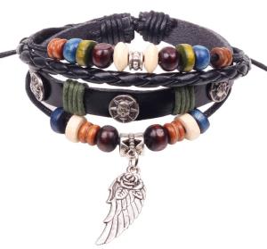 China Flower wing charm black leather multi strands bracelets for men and women factory