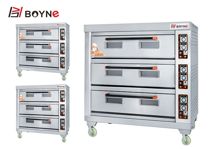 Stainless Steel Commercial Electric Three Deck Nine Trays Bakery Oven With Strong Wheels