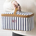 Personalized White and Navy Blue Stripe Train Case Cosmetic Bag