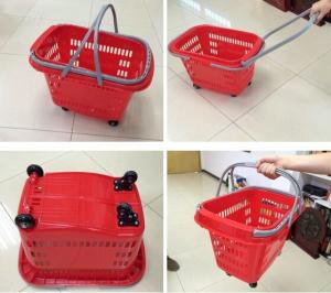 China Red HDPP Shopping Basket With Wheels , Supermarket Plastic Storage Shopping Basket factory