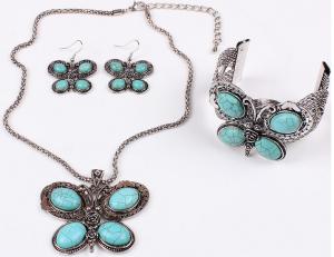 China Turquoise jewelry set fashion personality three butterfly earrings necklaces bracelets factory