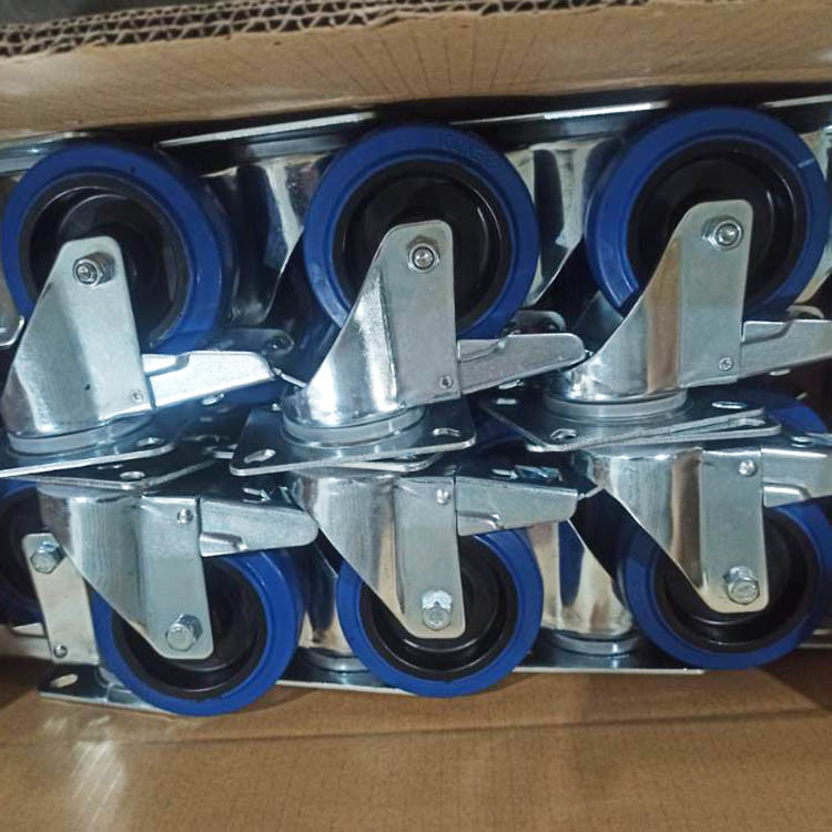 4 Inch Blue Wheel Swivel Elastic Rubber Casters With Brake Top Plate Soft Industrial Rubber Wheels