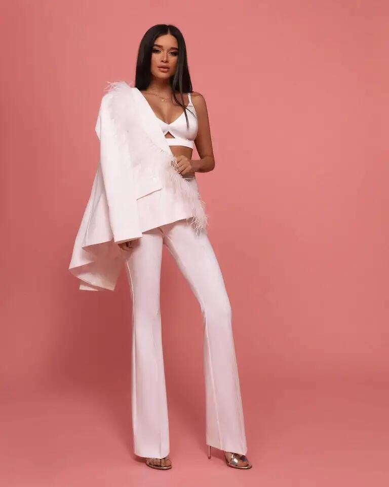 Feather White Elegant Lady Office Wear Suit Casual Plus Size Women Long Sleeve Coat Pant