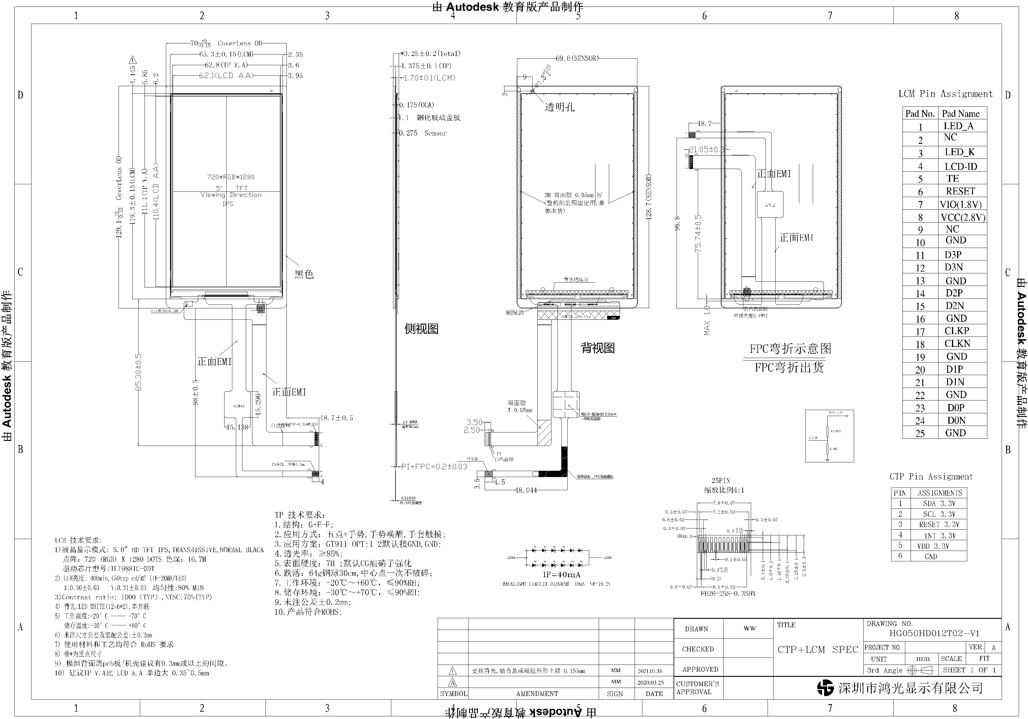 5.0 Inch Capacitive Panel Touch Screen MIPI Interface 720x1280
