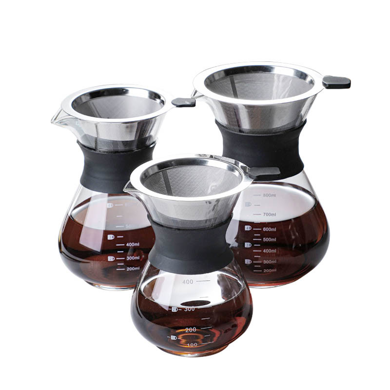 B2B Custom 400ml Glass Pour Over Coffee Brewer|Stainless Steel Filter&Wood Sleeve|Camping Brewing Pot
