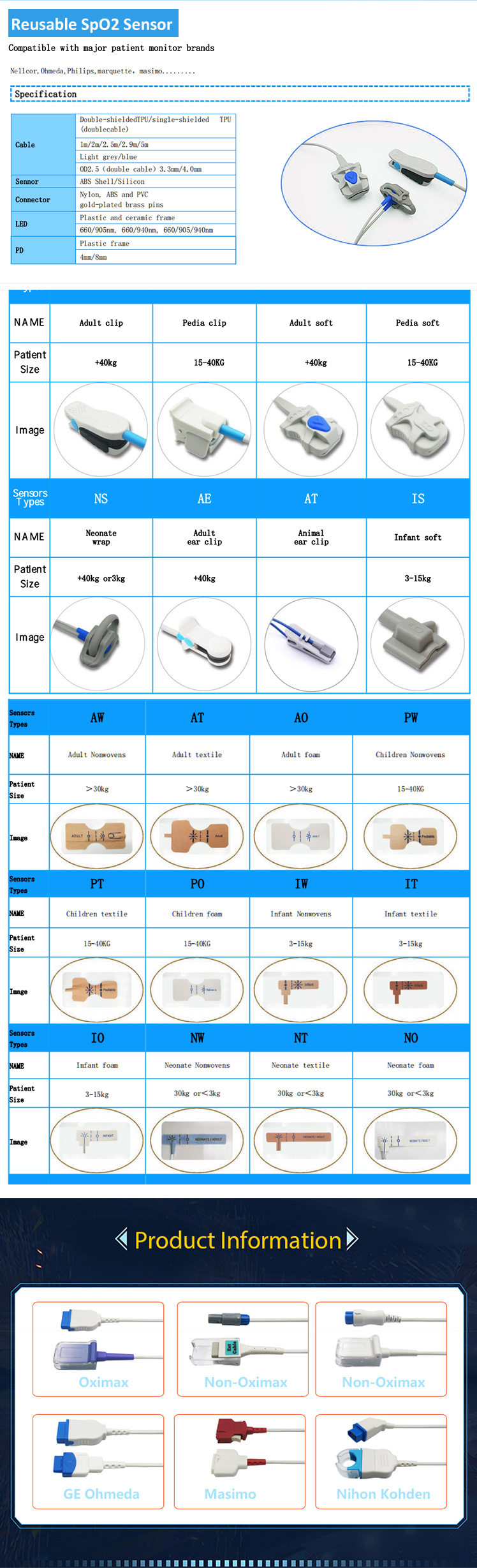 TPU Material Medical Spo2 Sensor Disposable 9 Pin 3m for Adult