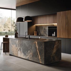 China Villa Project Automatic Newest Modern Gray Lacquer Prefab Top Base Kitchen Display Cabinet Kitchen Furniture factory