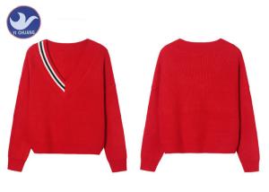 China Chinese Red Womens Knit Pullover Sweater Half Striped V Neck Half Cardigan Knitting factory