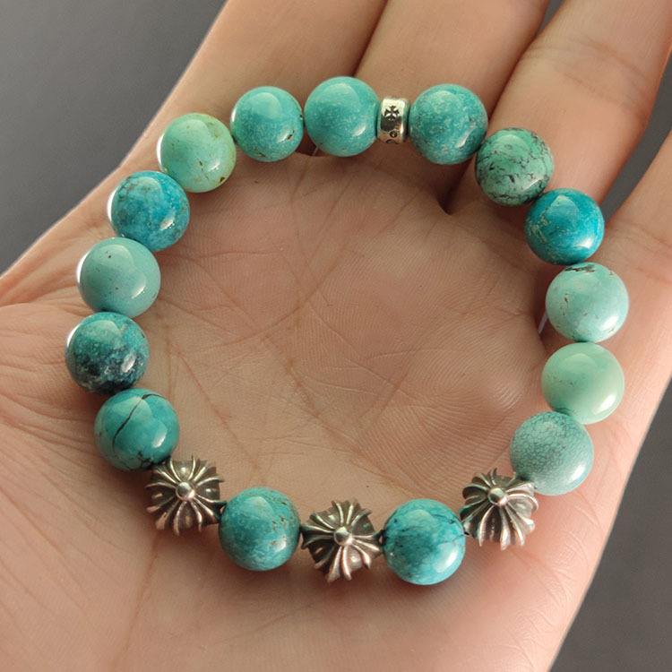 Natural Turquoise 10MM925 Silver Beads Bracelet Punk Hip-Hop European And American Trendy Personality Men And Women Kroro Silver Beads Bracelet Punk