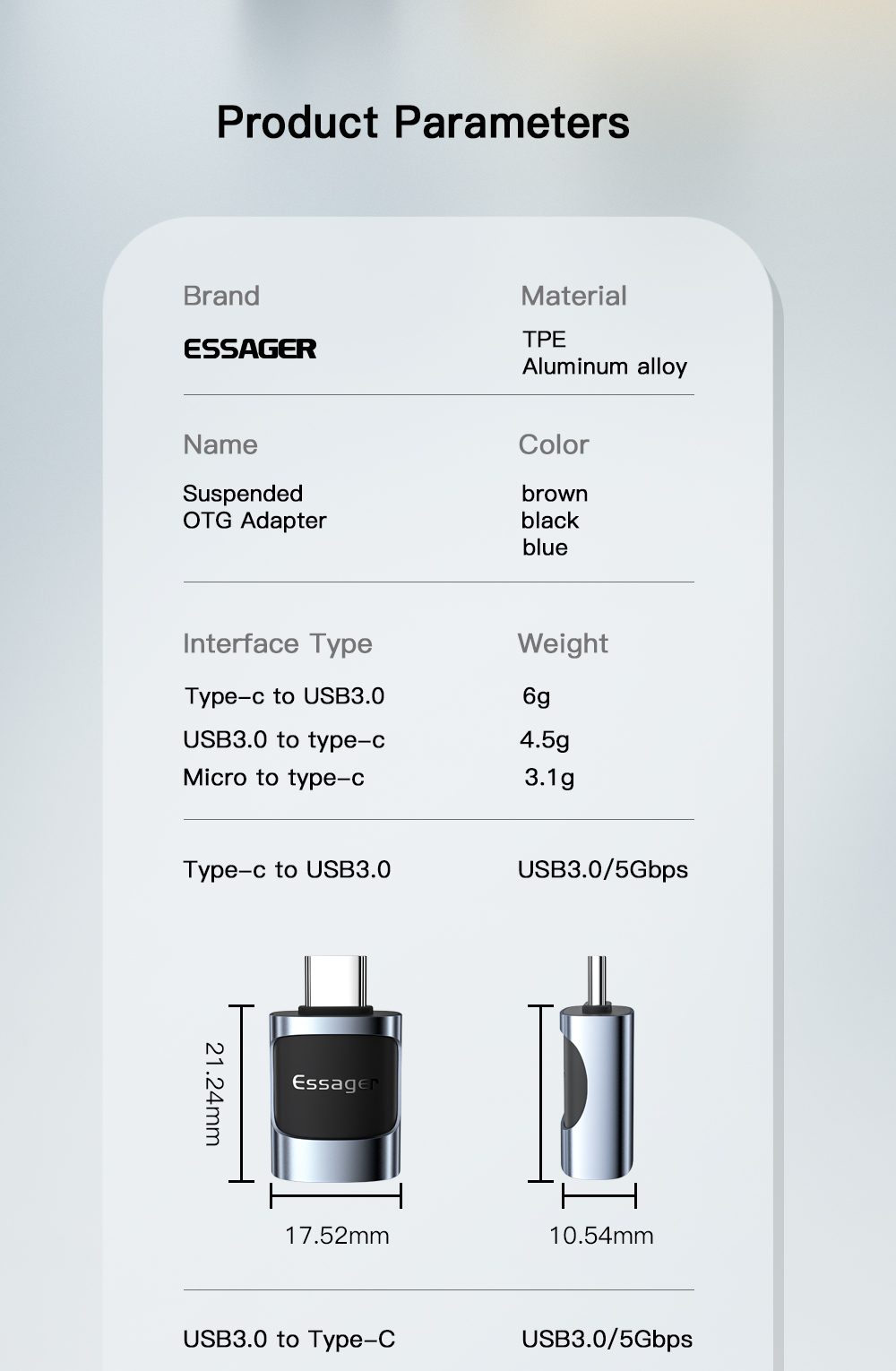 Essager 2022 Xuankong Small 3A Fast Charging USB Female to Type-C Male OTG Adapter USB 3.0 Adaptor for Multiple Devices