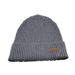 China Customizable Grey Knit Cuffed Beanie Hat With Leather Patch Logo factory