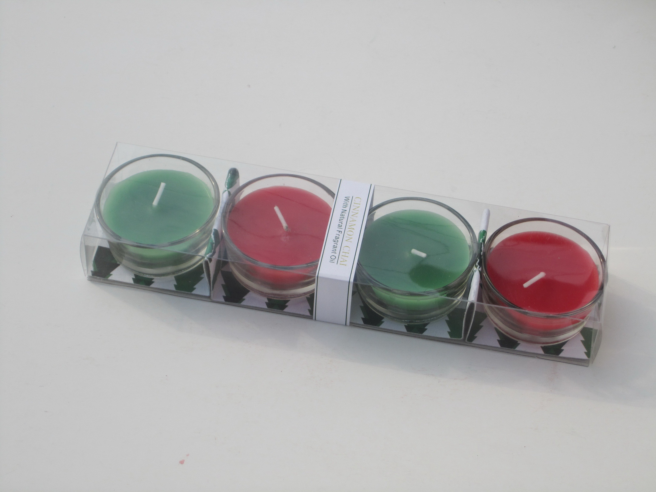 4pk Red & Green scented & assorted glass candle with printed label and packed into clear box