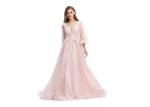 V Neck Pink Half Sleeve Prom Dress , Organza Evening Dresses With Sleeves