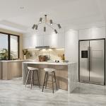 Wood Veneer Modular Kitchen Cabinets 18mm Melamine Board Marble Top Cupboard