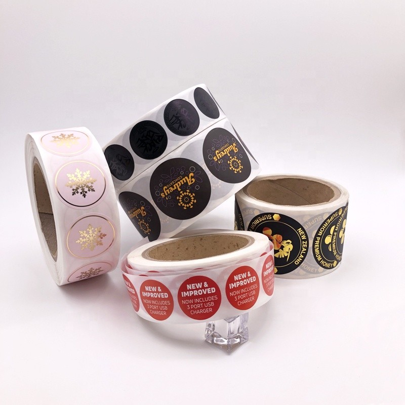 Black Round Matte Black Paper Sticker Labels With Gold Logo