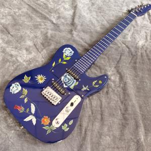 China Handmade Painting Flowers on Body Blue Fingerboard and Head Electric Guitar factory