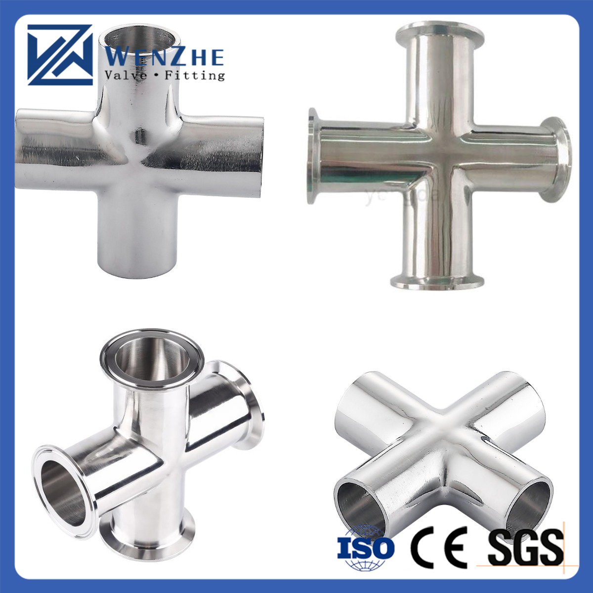 Custom ISO Sanitary Stainless Steel 304 316 4 Way Pipe Fitting Welding Clamped Cross