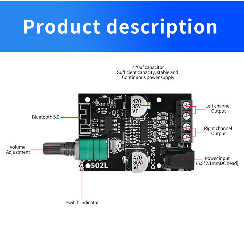 ZK-502L Mini for Bluetooth 5.0 DC 5-24V 50Wx2 Stereo Power Amplifier Wireless Audio Digital Board for Bluetooth Amplificador Spe