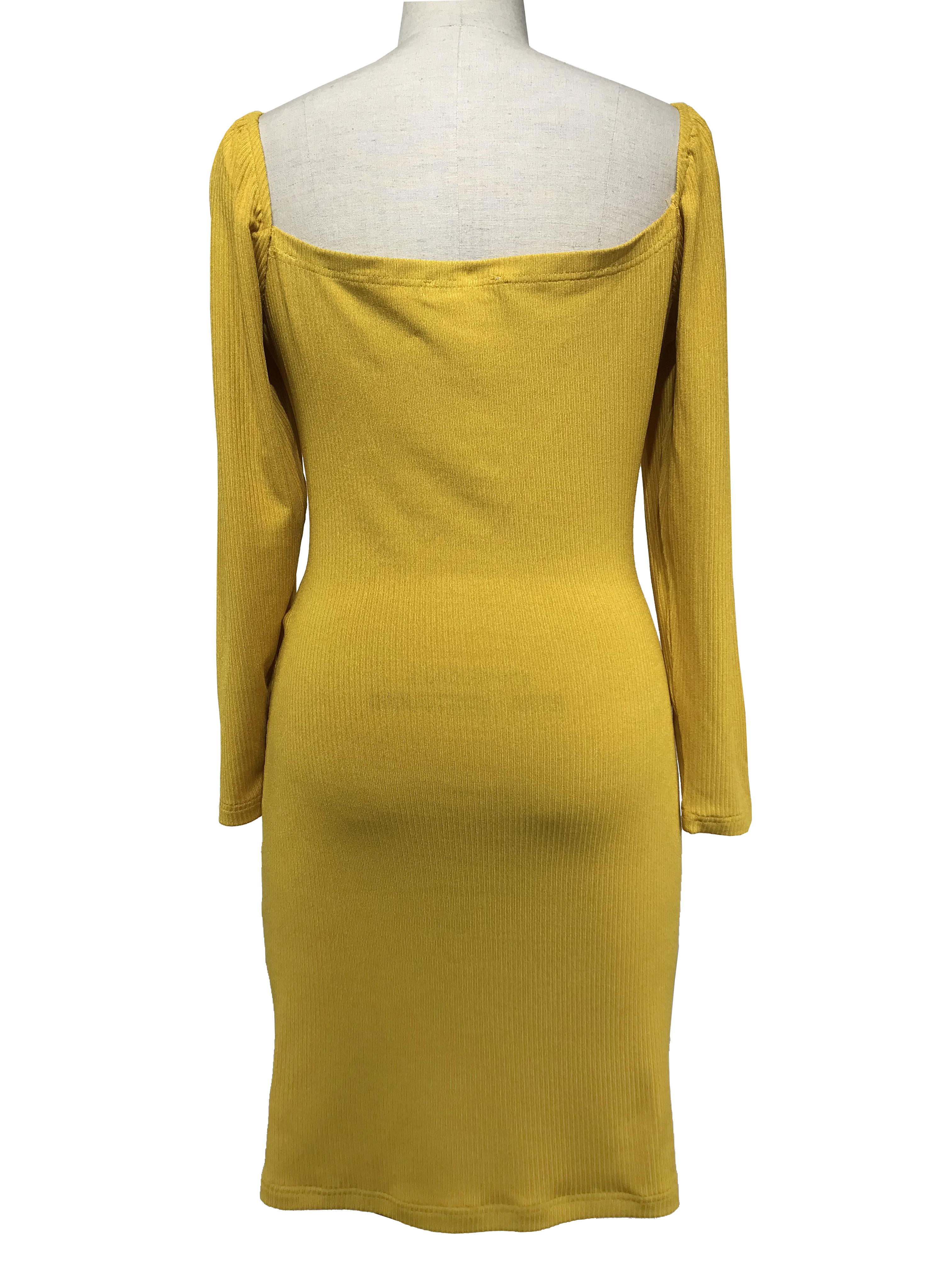 Sexy Long Sleeve Custom Women' Dresses Square Neck Rib Dresses Apricot Color