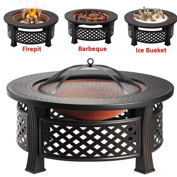 Backyard Patio Garden Bonfire Firepit with Round Wood Burning Fire Pit and Ice Bucket