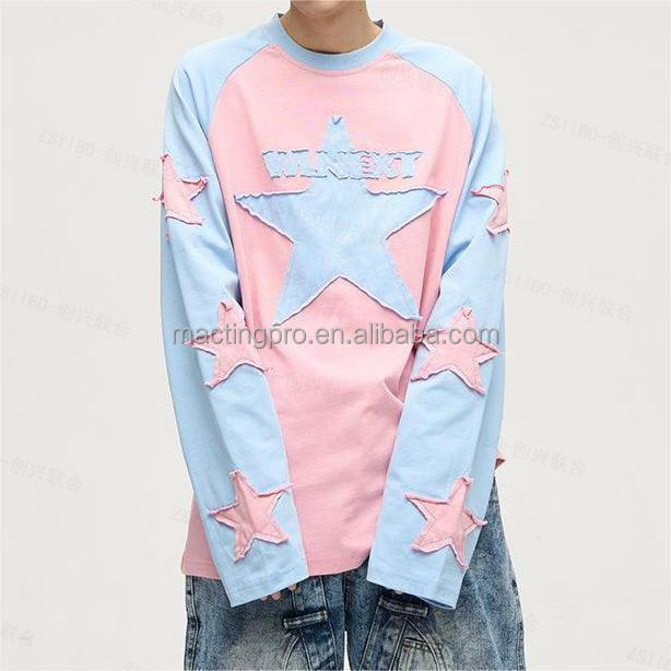 Custom Logo Applique Patchwork Embroidered Long Sleeve T-shirt for Casual Daily Life