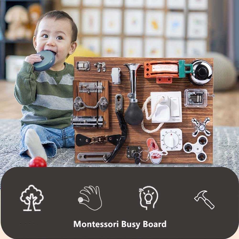 Kids' Travel Toy Beech Wood Busy Board With Keys Latches Buckle Handmade DIY Baby Sensory Activity Boards Game